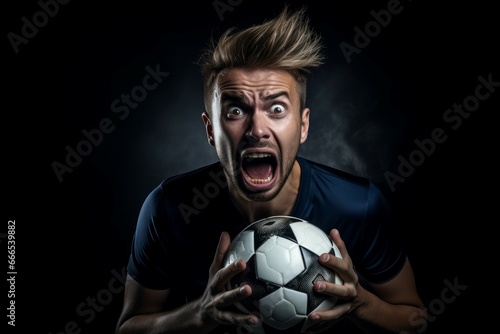 Emotional sports fan with soccer ball. Ball game sport player joy. Generate Ai
