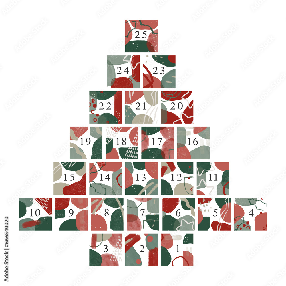 Christmas abstract advent calendar in the shape of a festive tree. Traditional green and red colors. Number poster for the holiday. Modern design for print.