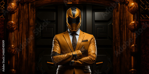 Phantom Figur im gelben Anzug mit Helm unkenntlich als schwarzer Mann mit Handzeichen Daumen Hoch im Querformat für Banner, ai generativ photo