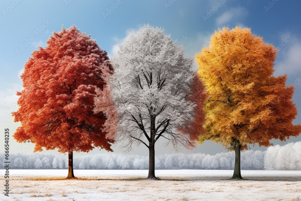 Three trees with red, yellow and white leaves stand in the middle of a snowy field. Unusual natural phenomenon concept