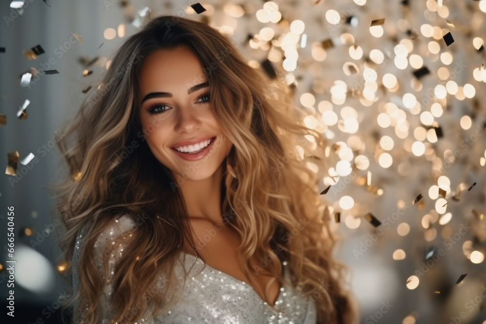 Beautiful happy caucasian woman wearing sparkly silver dress at celebration party, confetti blurred background. New Year eve celebration concept - obrazy, fototapety, plakaty 