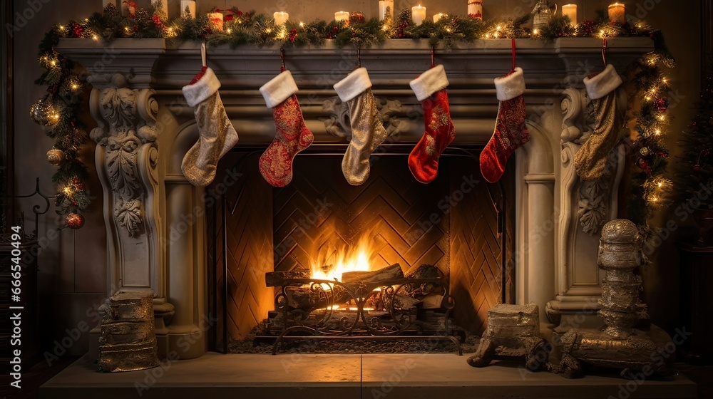 Hanging stockings by the fireplace enriches your home with a sense of coziness and tradition. Festive enrichment, traditional ambiance, nostalgic charm, holiday coziness. Generated by AI.