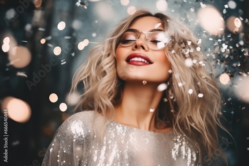 Beautiful happy caucasian woman wearing sparkly silver dress at celebration party, confetti blurred background. New Year eve celebration concept