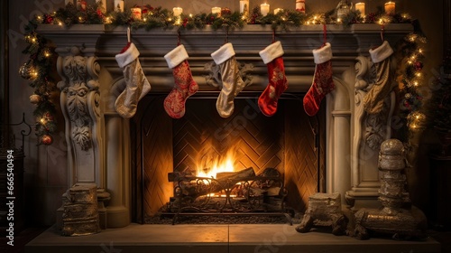 Hanging stockings by the fireplace enriches your home with a sense of coziness and tradition. Festive enrichment, traditional ambiance, nostalgic charm, holiday coziness. Generated by AI.