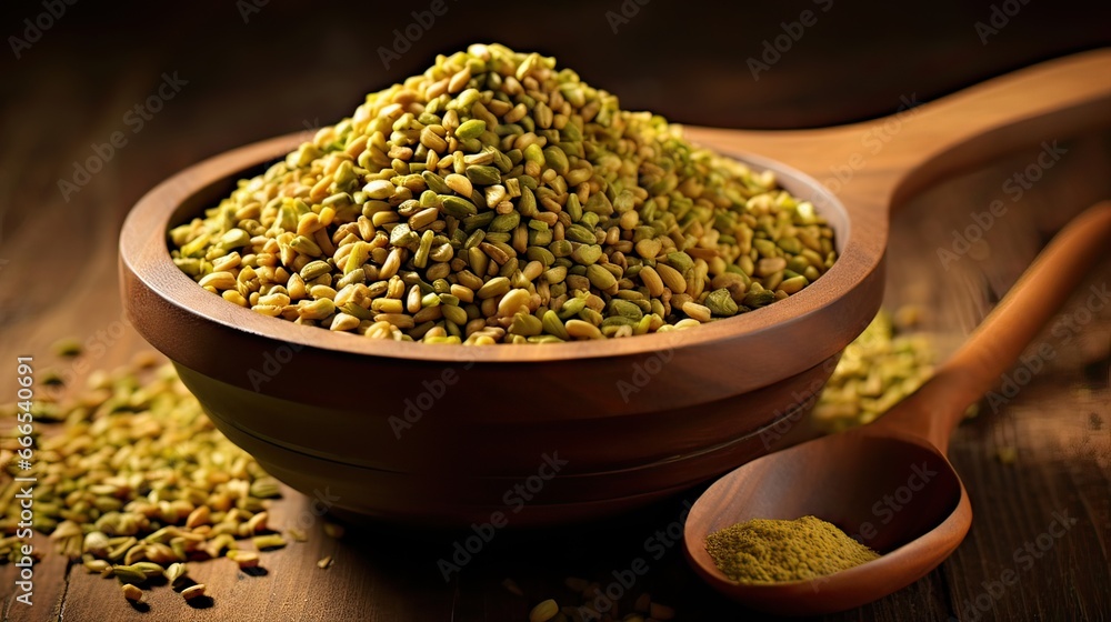 Pungent fenugreek seeds. Culinary treasure, distinctive blend, aromatic profile, rich and earthy taste. Generated by AI. Pungent fenugreek seeds. Culinary treasure, distinctive blend, aromatic profile, rich and earthy taste. Generated by AI.