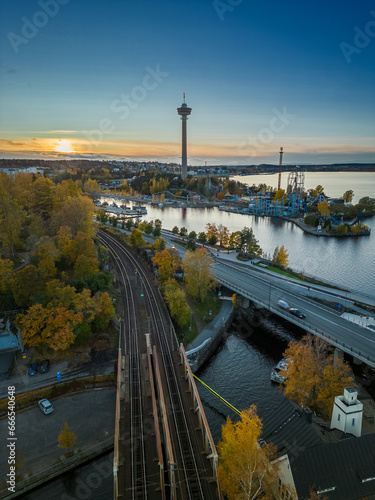 Fotografie Aerial autumn view of Tampere during sunset