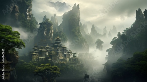 a misty, ancient temple nestled among the towering cliffs of a remote mountain range, with lush vegetation all around