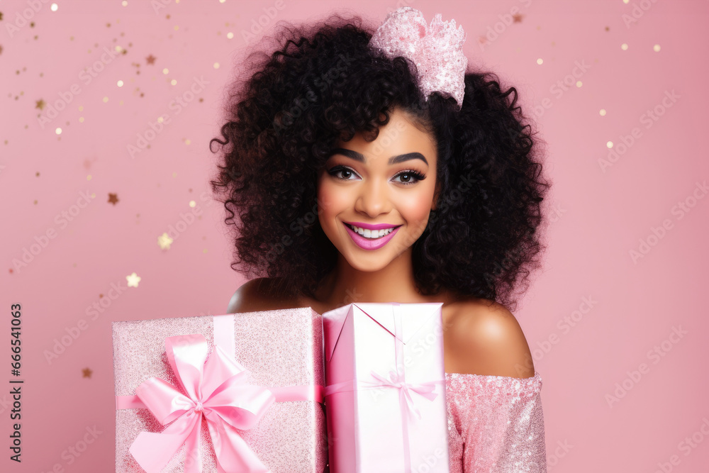 Beautiful latin american girl holding gift box in her hands. Pretty curly hair woman posing with xmas present in her arms, pink studio background Beautiful latin american girl holding gift box in her hands. Pretty curly hair woman posing with xmas present in her arms, pink studio background