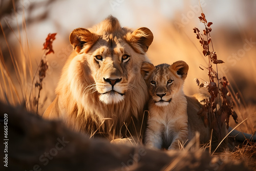 Lions family in savanna. Natural light. photo