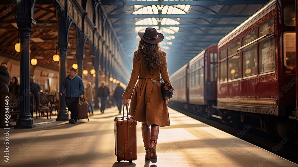 Young woman in hat and with suitcase walks through railway station, view from the back. Generative AI