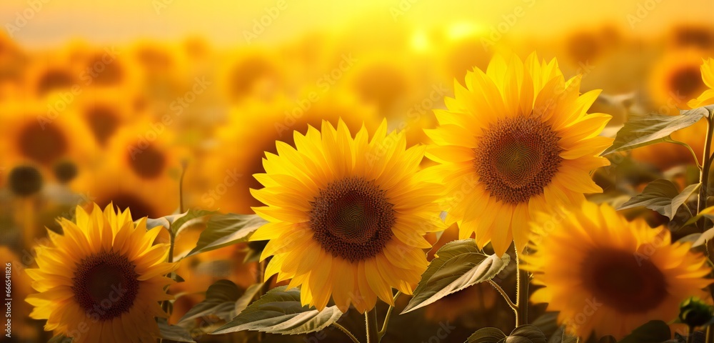 Fototapeta premium Sunflower Field Bathed in Sunlight, Radiating Nature's Joy, generative Ai