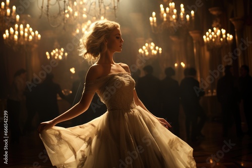 Blonde woman in a vintage dress dancing in a ballroom lit by chandeliers. photo