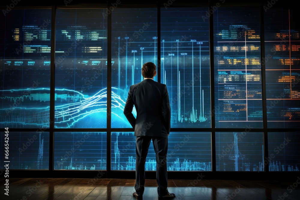 Businessman viewing holographic financial data projections. Businessman viewing holographic financial data projections.