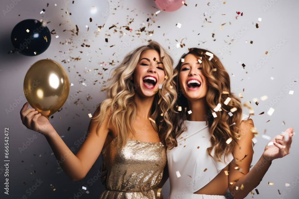 portrait of two attractive caucasian girls wearing elegant dress holding a glass of champagne, smilling with ballons and confetti on white background - obrazy, fototapety, plakaty 
