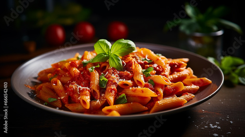 Delicious pasta with tomato sauce garnished with green leaves