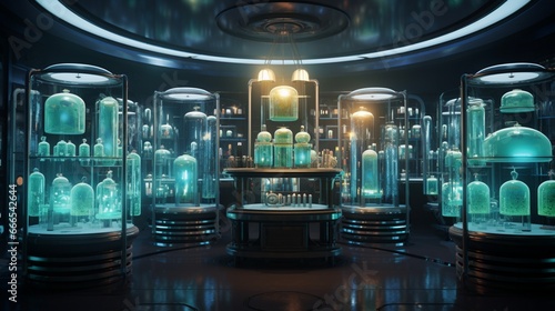 A pristine laboratory filled with glowing vials containing various bioengineered organisms