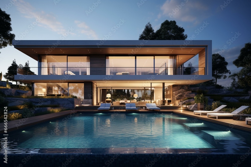 Modern residence featuring large glass windows and pool. Generative AI