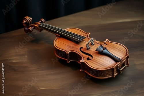 Detailed view of a small wooden toy violin. Generative AI