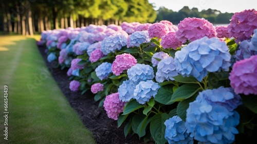 A row of perfectly aligned hydrangea bushes, their voluminous blooms a riot of blues, purples, and pinks