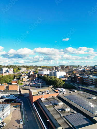 High Angle British Downtown View of Central Luton City, England UK. Image Captured Before sunset over United Kingdom with Drone's Camera on October 22nd, 2023