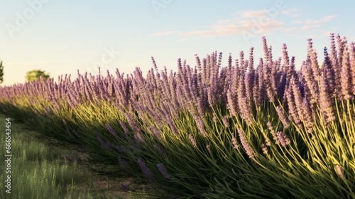 A row of perfectly aligned lavender bushes, their fragrant blossoms swaying in the gentle breeze of a summer afternoon © Muhammad