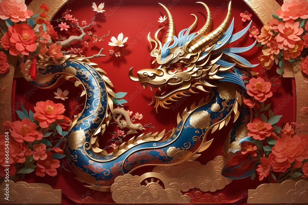 chinese new year 2024, the year of dragon 3D art Wallpaper on red background, Generative ai chinese new year 2024, the year of dragon 3D art Wallpaper on red background, Generative ai