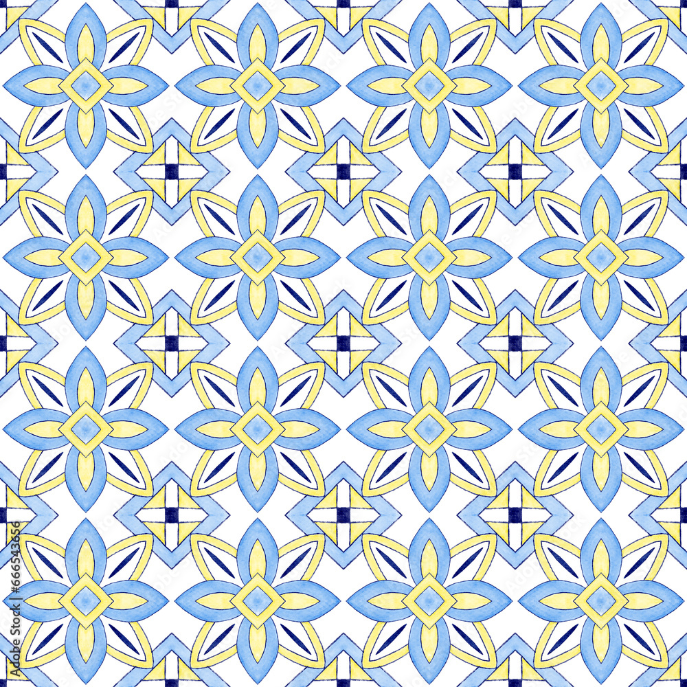 Blue-yellow seamless pattern with geometric shapes