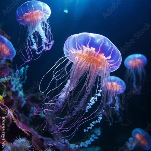 Underwater close-up of glowing jelly-fish Animal sea life in the coral reef.