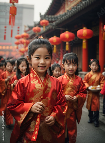 kids celebrate chinese new year festival, outdoor china village with lantern and traditional decoration