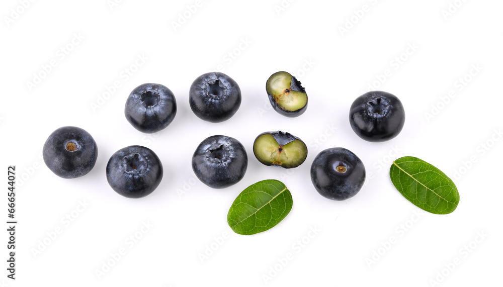 blueberries with green leaf isolated on white background.