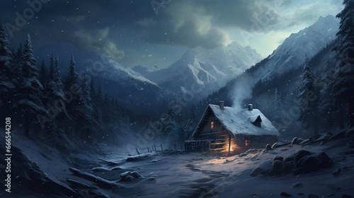 a serene, snow-covered mountain cabin, smoke gently rising from the chimney, framed by a pristine winter landscape