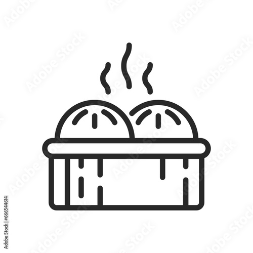 Dim Sum Steamer Icon. Vector Linear Illustration of Traditional Chinese Bamboo Steamer with Steamed Buns, Perfect for Asian Cuisine Illustration. Tasty South Eastern Street Food.