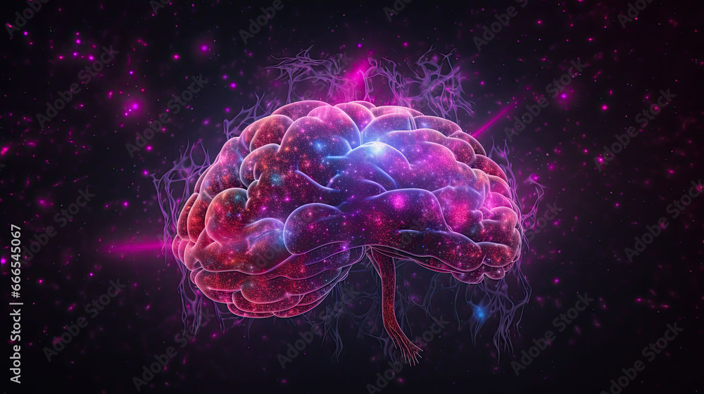 Galaxy shaped as human brain with stars and neurons, purple aura Galaxy shaped as human brain with stars and neurons, purple aura