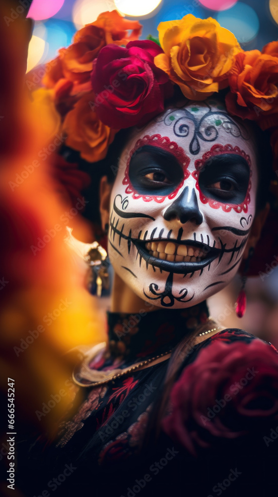 femme maquillée pour le festival des morts au Mexique le 2 novembre avec des colliers et des roses dans les cheveux