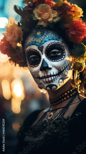 femme maquillée pour le festival des morts au Mexique le 2 novembre avec des colliers et des roses dans les cheveux © Sébastien Jouve