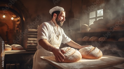 Concentrated man baker standing at bakery near bread. Man bakes bread in bakery