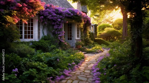 A sun-kissed garden path, lined with fragrant lavender, leading the way to a charming, ivy-covered cottage nestled among the trees