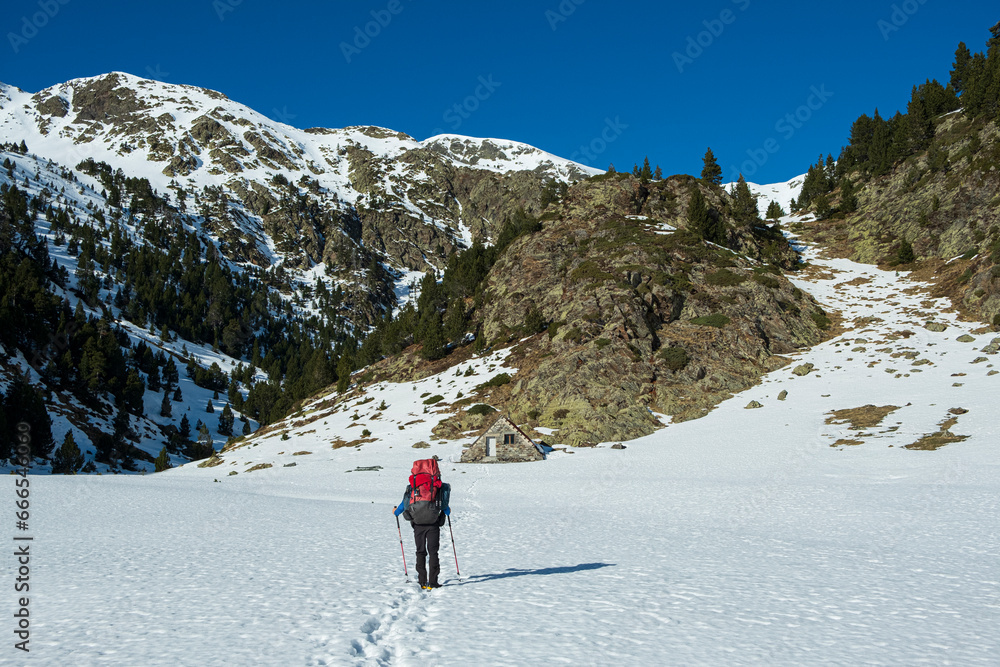 Hiker on the Pyrenees during winter