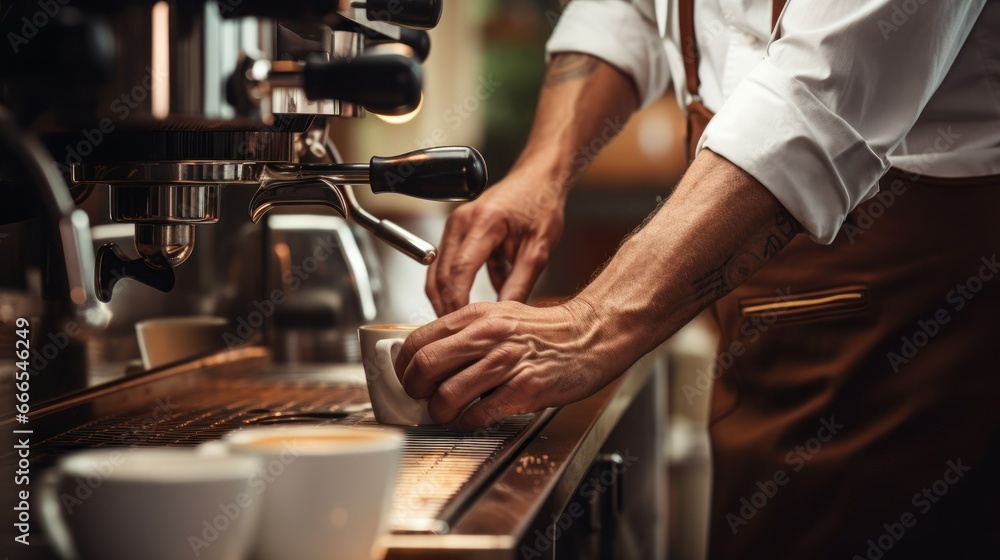 A barista pouring coffee from a coffee machine A barista pouring coffee from a coffee machine