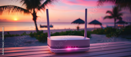 Wi-fi router on the sea beach by the hotel. Oceanfront wifi internet. Pink and violet hotspot on the resort's sandy beach. Luxury hotel with internet on the beach. A wi-fi point on an island vacation