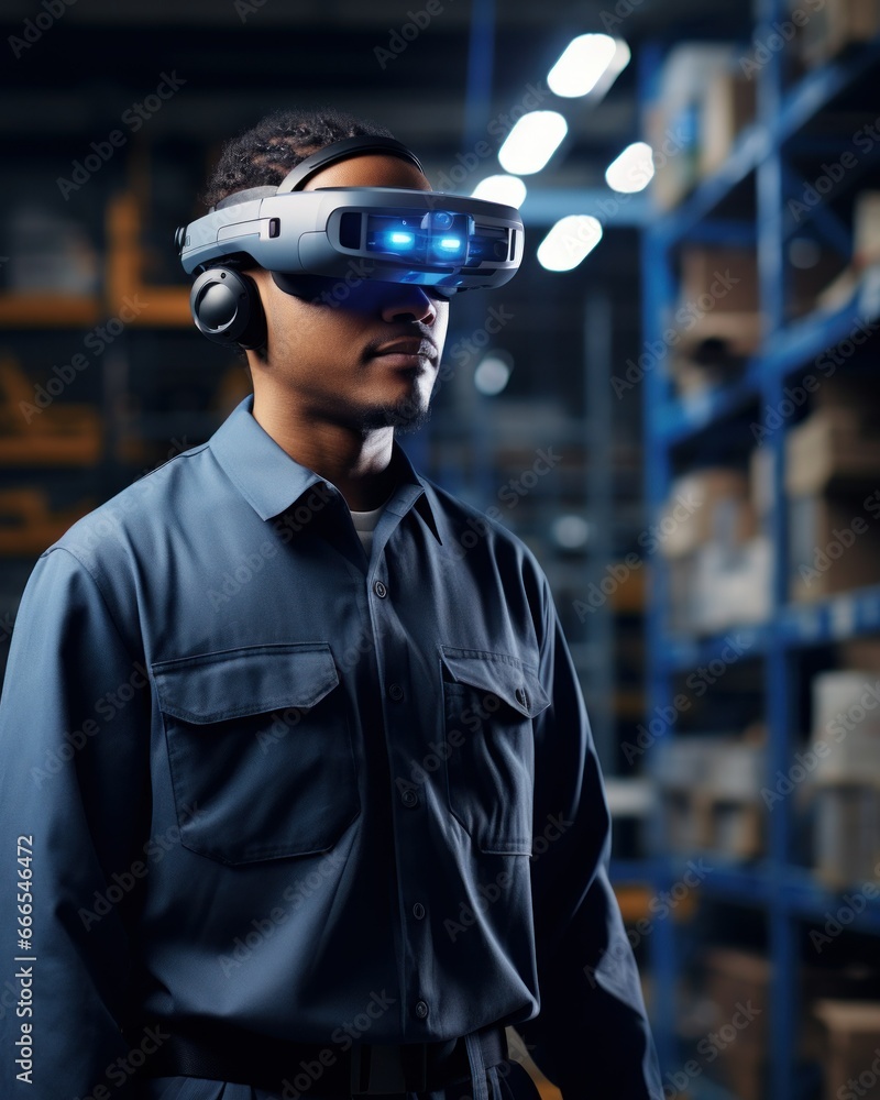A futuristic digital warehouse manager checks the warehouse with vr glasses