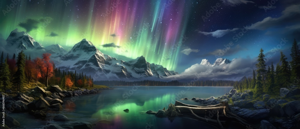 Mesmerizing Magical aurora Borealis over a lake with snowcapped mountains and trees