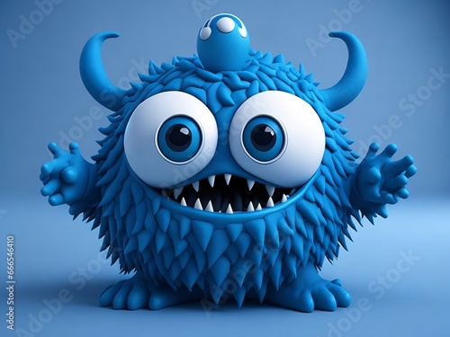 Cute blue furry monster on a blue background. Generative Ai.