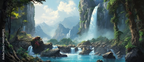 Majestic powerful waterfall wallpaper a landscape mountains trees and a river under a blue sky © ArtStockVault