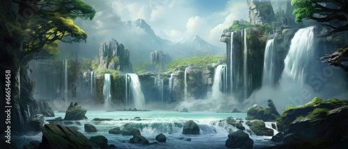 Majestic powerful waterfall wallpaper a landscape mountains trees and a river under a blue sky © ArtStockVault