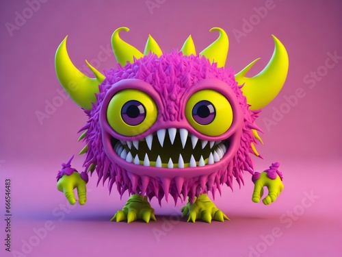 Cute yellow, pink furry monster on a pink background. Generative Ai.