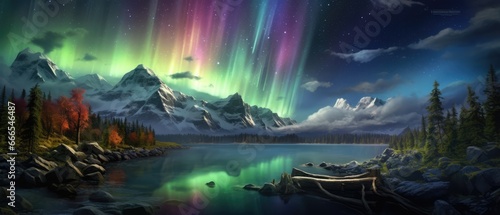 Mesmerizing Magical aurora Borealis over a lake with snowcapped mountains and trees © ArtStockVault