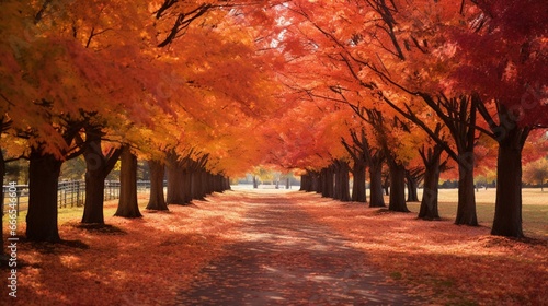 A symphony of autumn leaves, a riot of golds, reds, and oranges, carpeting the ground beneath a stately row of maple trees © Muhammad