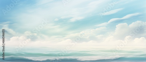A digital painting of a seascape with a calm sea and small waves under a blue sky with white clouds