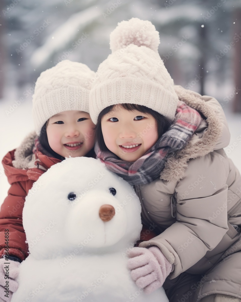 A group of asian children making a snowman
